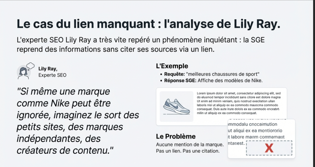 La SGE affiche des modèles de chez Nike… mais aucune mention de la marque.