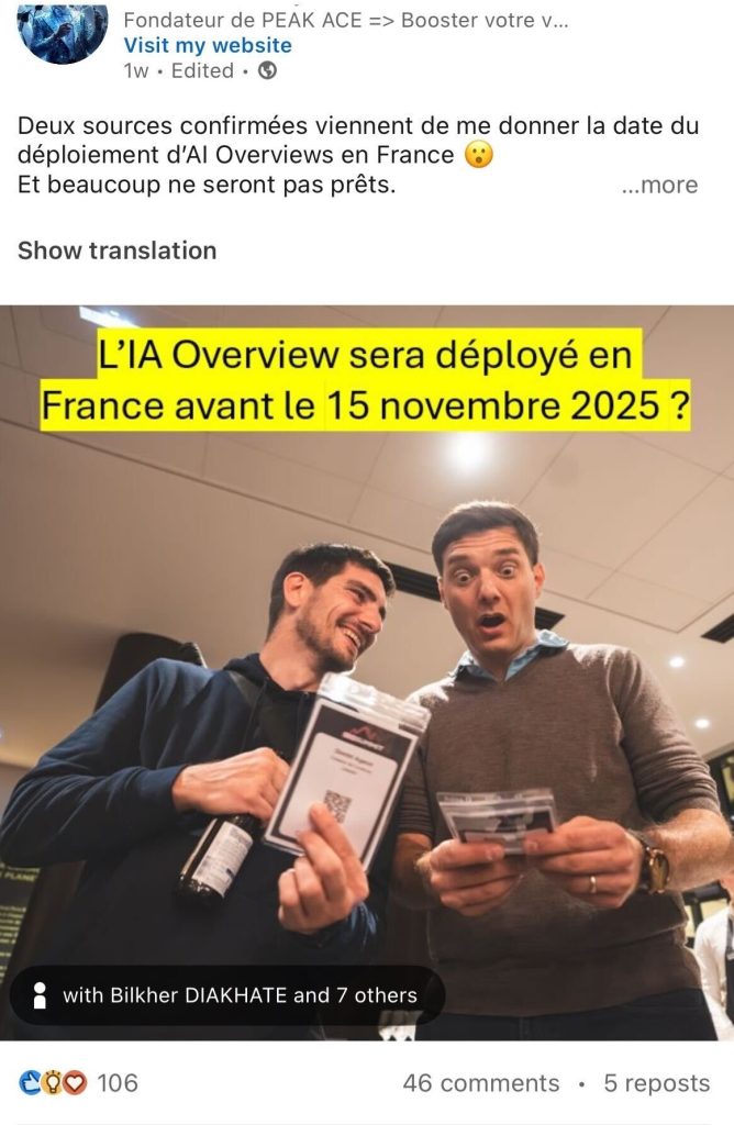 Publication Linkedin sur AI Overviews en France