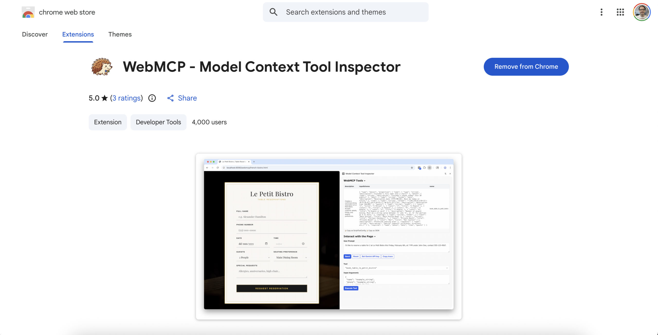 WebMCP - Model Context Tool Inspector (extension officielle) 