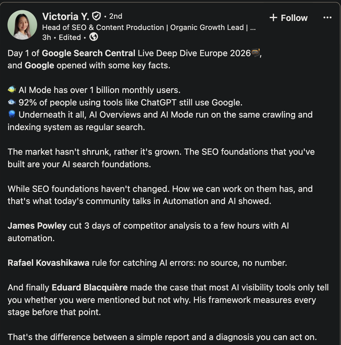 Post LinkedIn de Victoria Y. sur le jour 1 du Search Central Live Deep Dive Europe 2026 : AI Mode, 92 % et même système de crawl et d'indexation