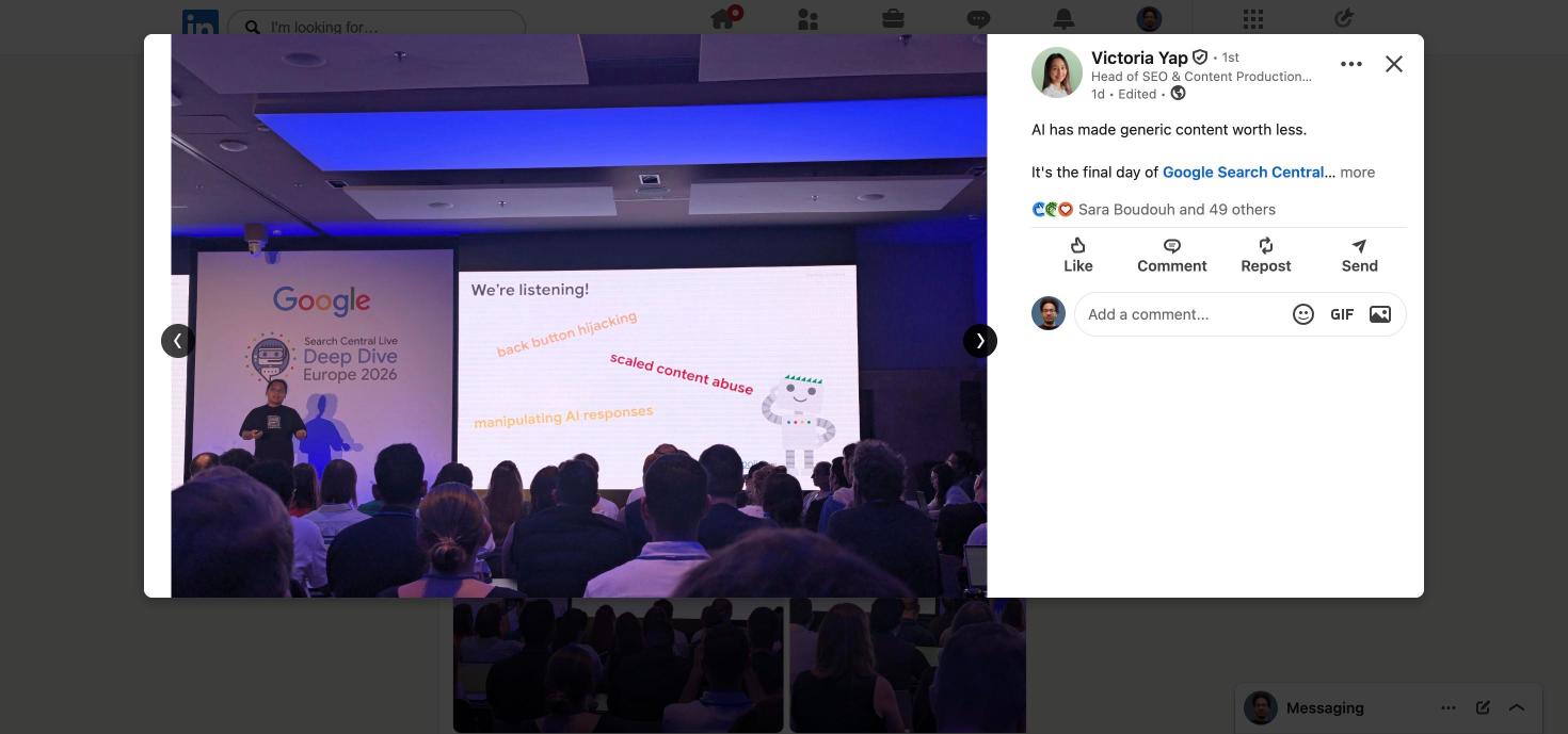 Google slide We're listening: back button hijacking, scaled content abuse, manipulating AI responses