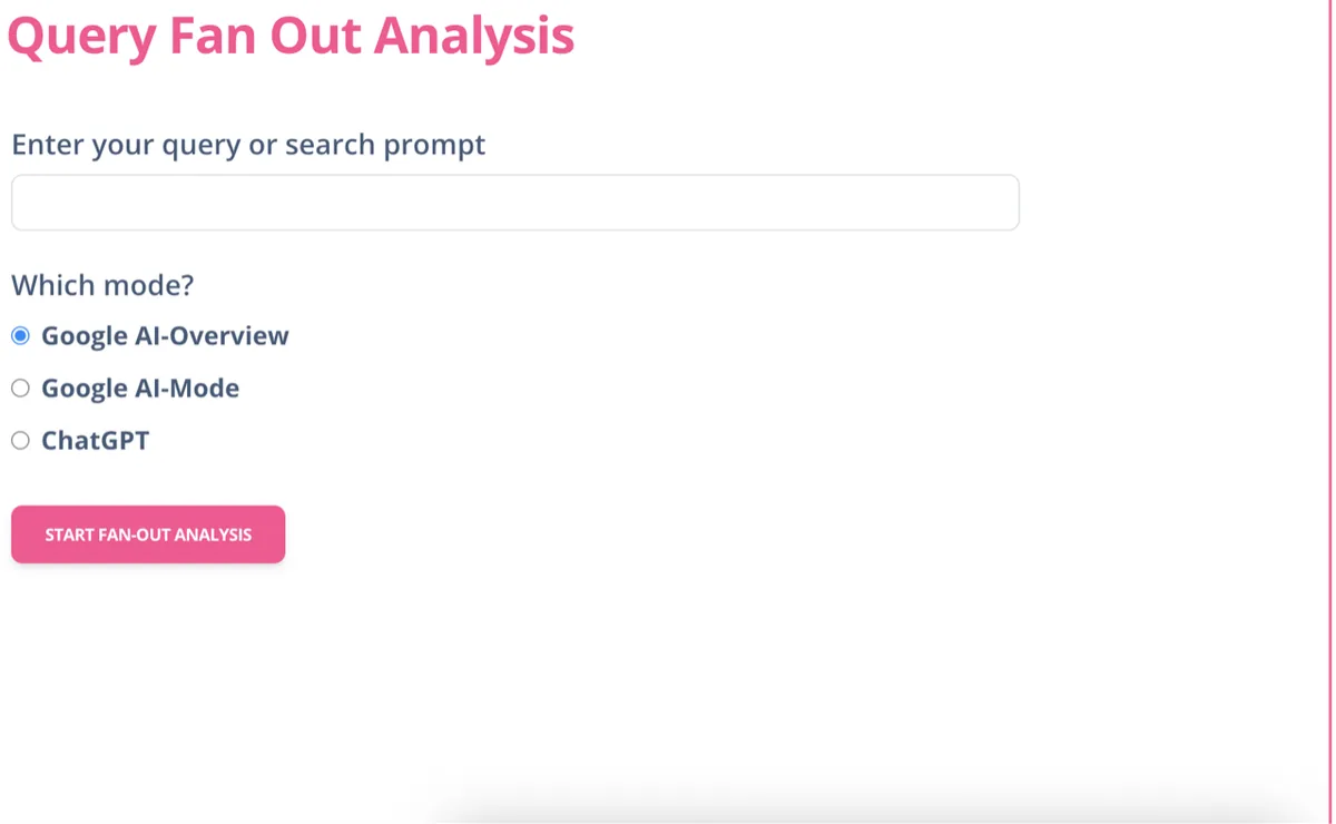 Formulaire Query Fan Out Analysis d'Otterly avec le choix entre Google AI Overview, Google AI Mode et ChatGPT