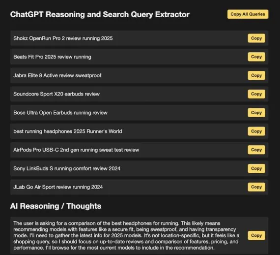 Résultat du ChatGPT Reasoning and Search Query Extractor avec les sous-requêtes sur les écouteurs de running