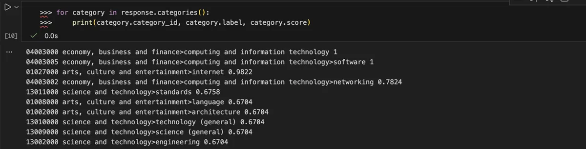 Sortie de l'API TextRazor dans VS Code avec les catégories et leurs scores