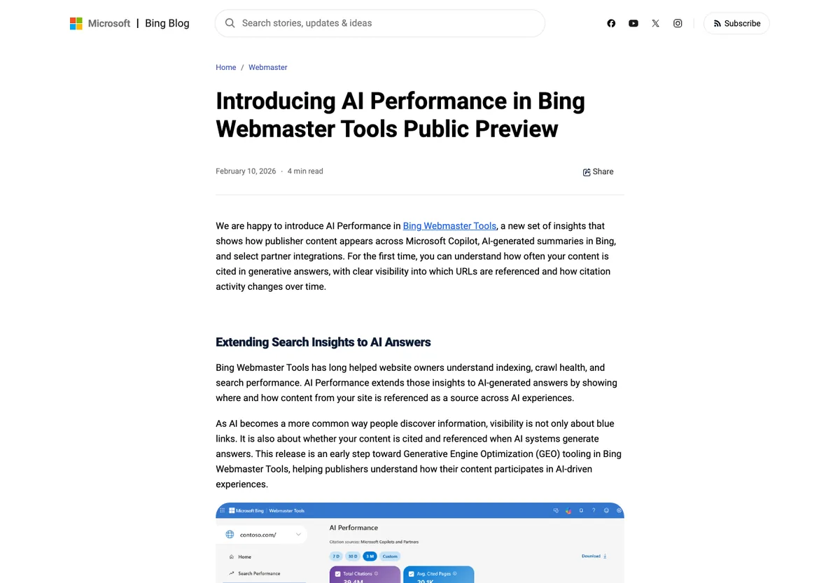 Billet du Bing Webmaster Blog Introducing AI Performance in Bing Webmaster Tools Public Preview du 10 février 2026