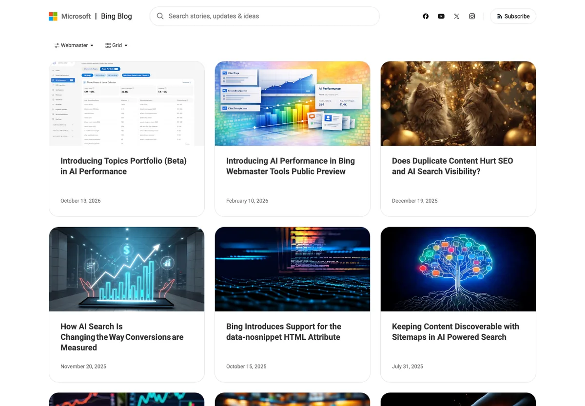 Page du Bing Webmaster Blog avec l'article Introducing Topics Portfolio (Beta) in AI Performance du 13 octobre 2026