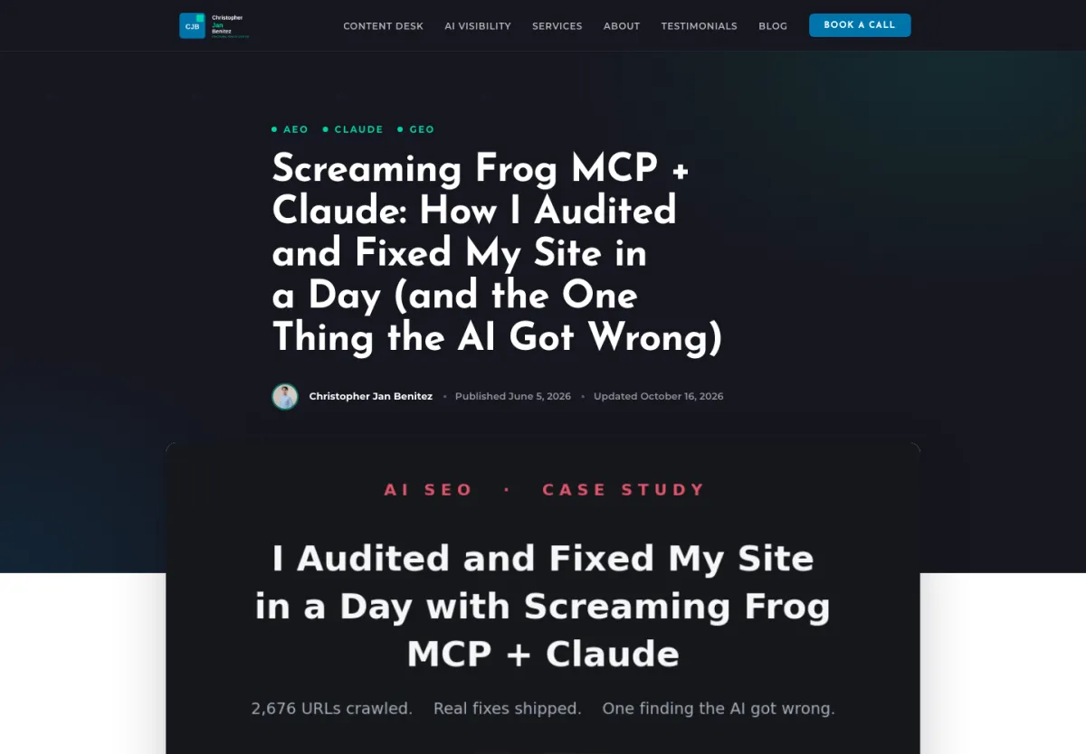 Article de Christopher Jan Benitez sur son audit avec le MCP Screaming Frog et Claude