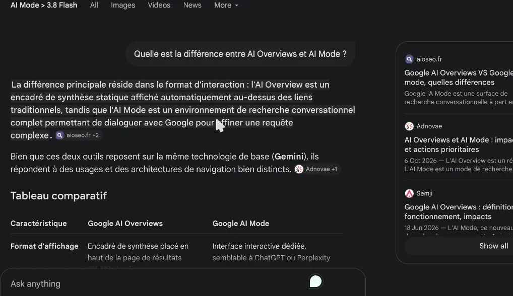 Même requête avec Gemini 3.8 Flash : extrait du passage retenu dans le panneau des sources
