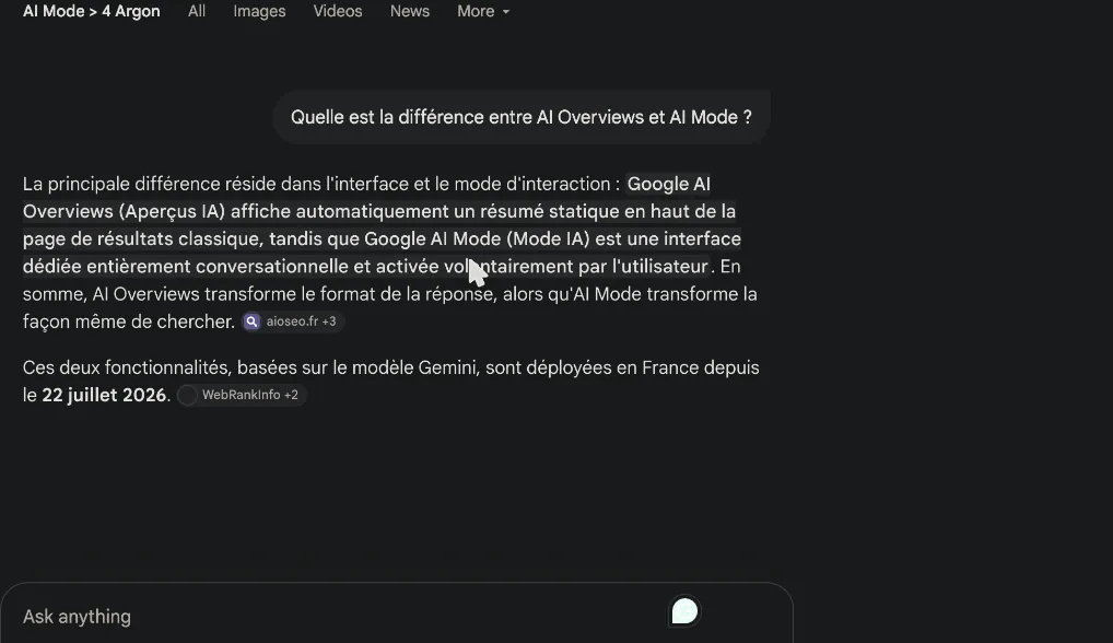 Réponse d'AI Mode avec Gemini 4 Argon : en-tête du modèle et panneau des sources