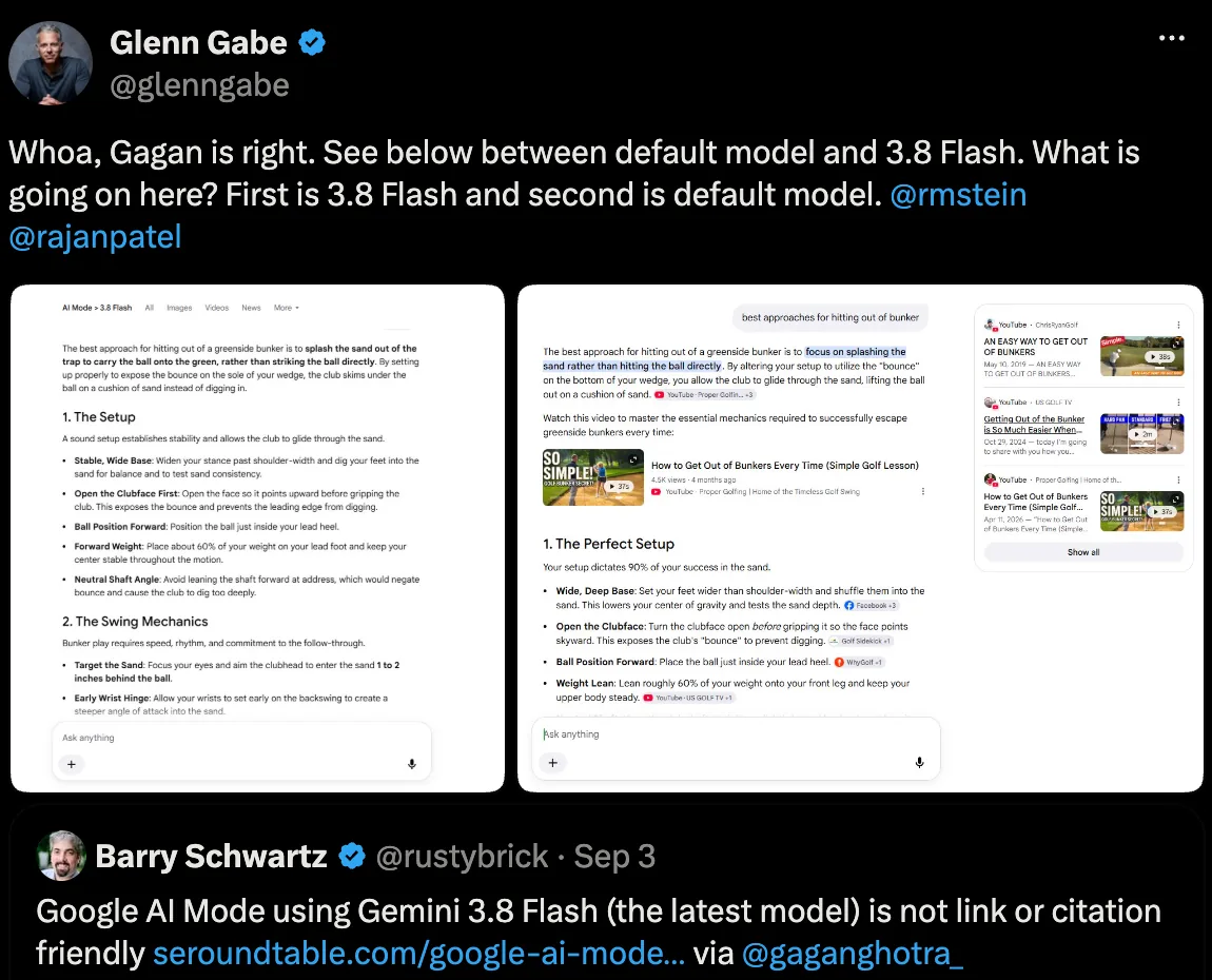Post de Glenn Gabe sur X, 3 septembre 2026 : AI Mode avec 3.8 Flash sans liens, face au modèle par défaut avec liens