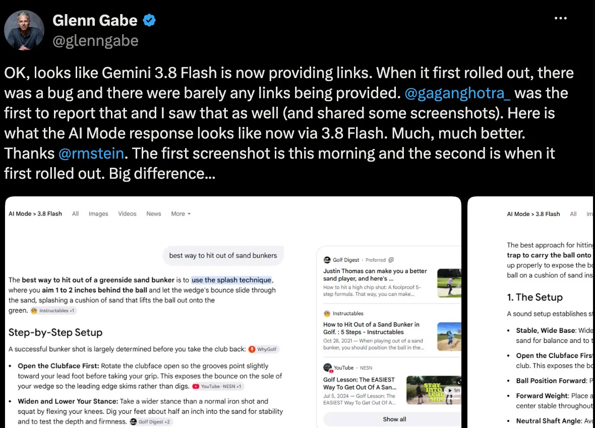 Post de Glenn Gabe sur X, 4 septembre 2026 : les liens sont revenus avec 3.8 Flash