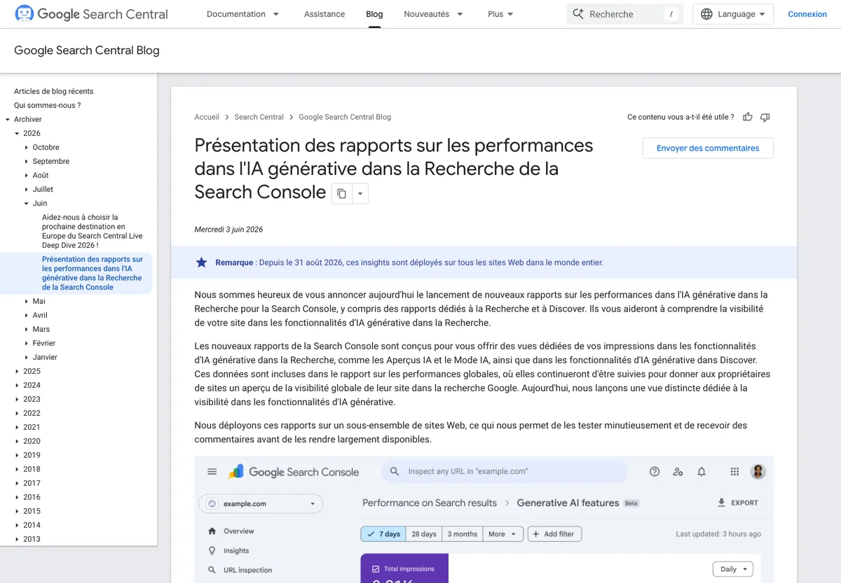 Billet du Google Search Central Blog du 3 juin 2026 présentant les rapports IA générative de Search Console