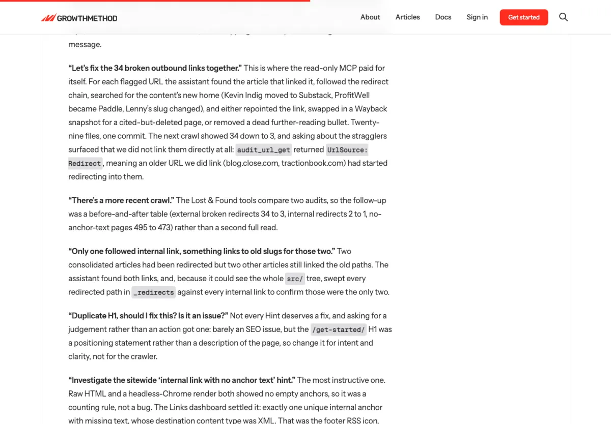 Passage de l'article de Stuart Brameld sur Growth Method où il corrige 34 liens cassés avec le MCP Sitebulb