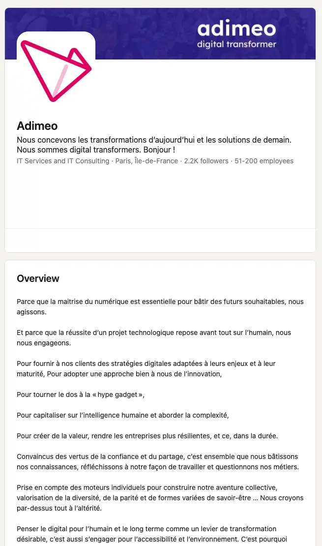 Page LinkedIn d'Adimeo