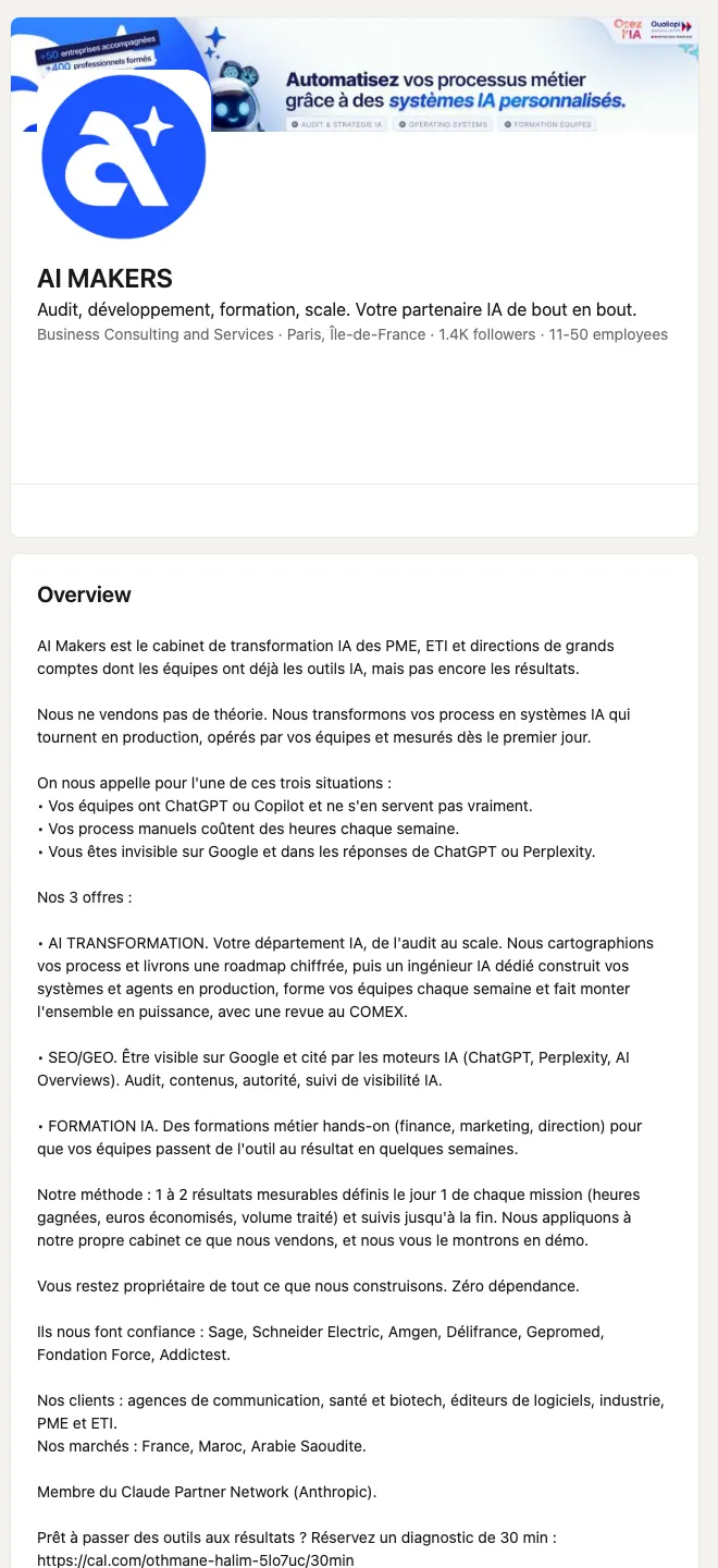 Page LinkedIn d'AI Makers : SEO/GEO dans la description, Paris, 11-50 salariés