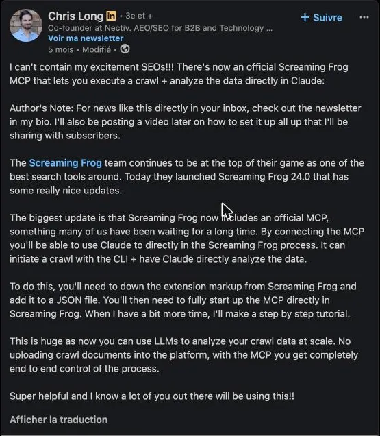 Post LinkedIn de Chris Long annonçant le MCP officiel de Screaming Frog dans Claude