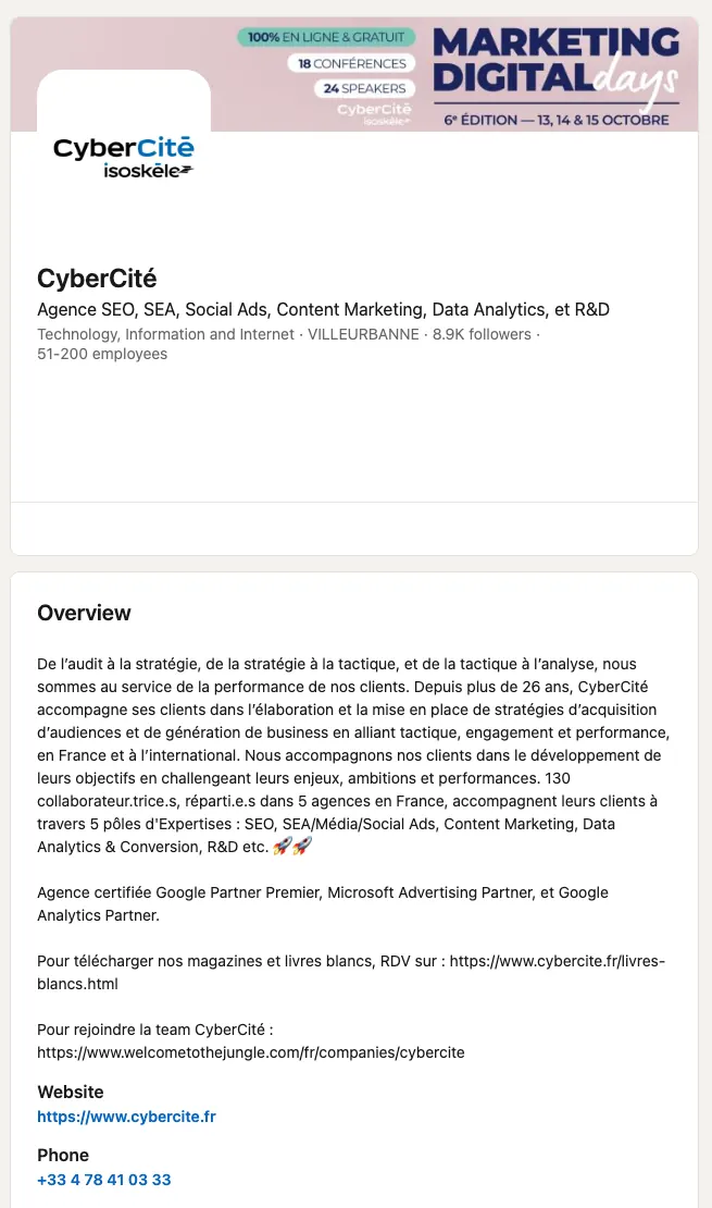 Page LinkedIn de CyberCité