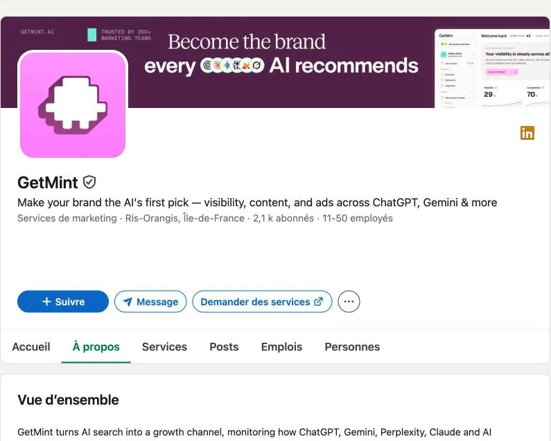 Page LinkedIn de GetMint : Ris-Orangis, 2,1 k abonnés, 11 à 50 employés