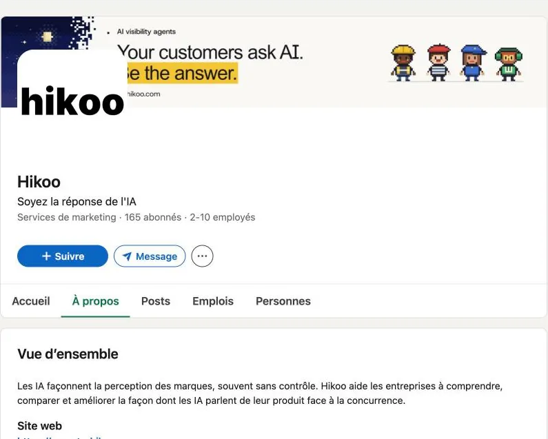 Page LinkedIn de Hikoo : 165 abonnés, 2 à 10 employés