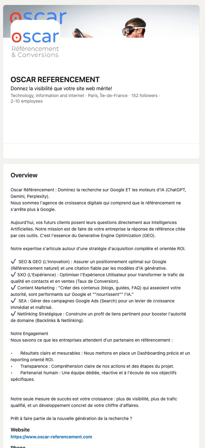 Page LinkedIn d'Oscar Référencement : GEO dans la description, Paris, 2-10 salariés