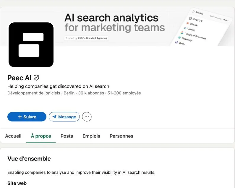 Page LinkedIn de Peec AI : Berlin, 36 k abonnés, 51 à 200 employés