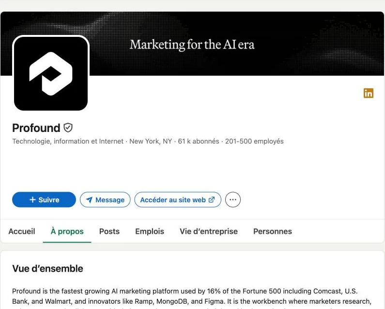 Page LinkedIn de Profound : New York, 61 k abonnés, 201 à 500 employés