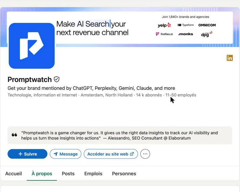 Page LinkedIn de Promptwatch : Amsterdam, 14 k abonnés, 11 à 50 employés