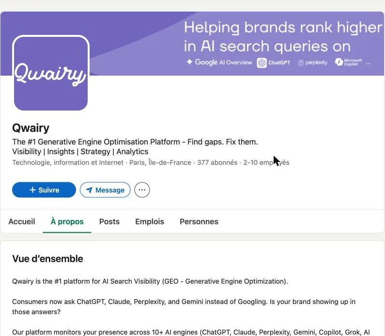 Page LinkedIn de Qwairy : Paris, 2 à 10 employés, 377 abonnés