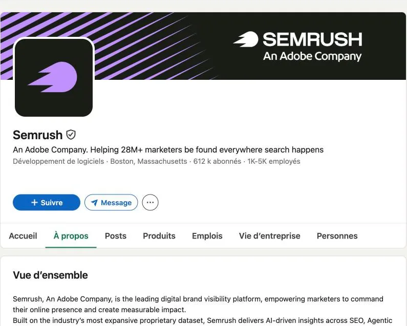 Page LinkedIn de Semrush, An Adobe Company : Boston, 612 k abonnés