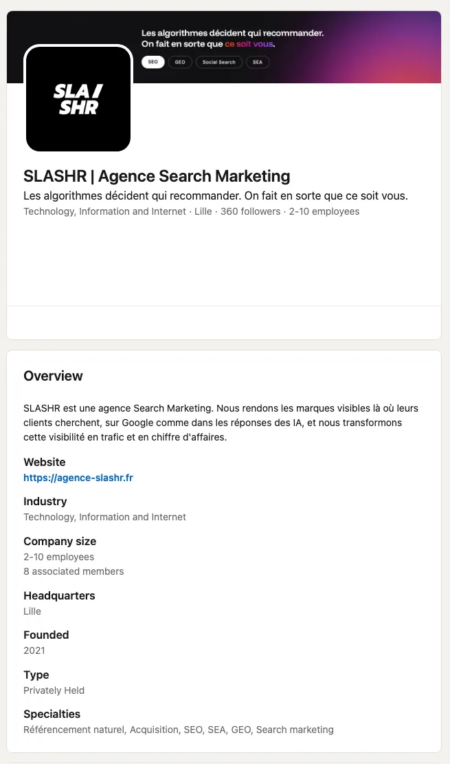Page LinkedIn de Slashr : GEO dans les spécialités
