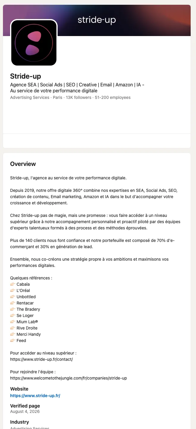Page LinkedIn de Stride-up : Paris, 51-200 salariés