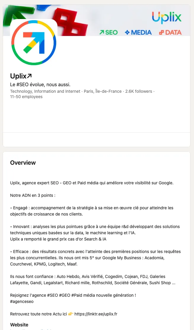 Page LinkedIn d'Uplix : agence expert SEO - GEO