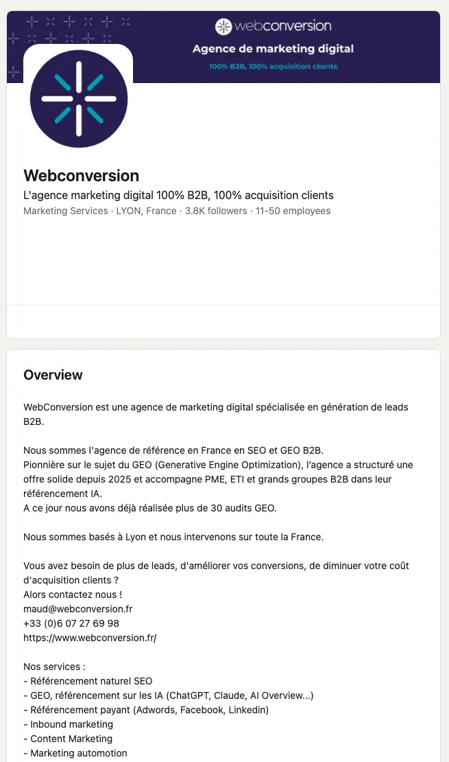 Page LinkedIn de Webconversion : plus de 30 audits GEO