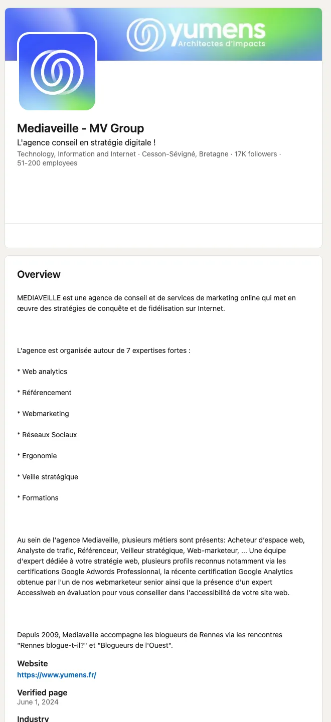 Page LinkedIn de Yumens (Mediaveille, MV Group), siège Cesson-Sévigné