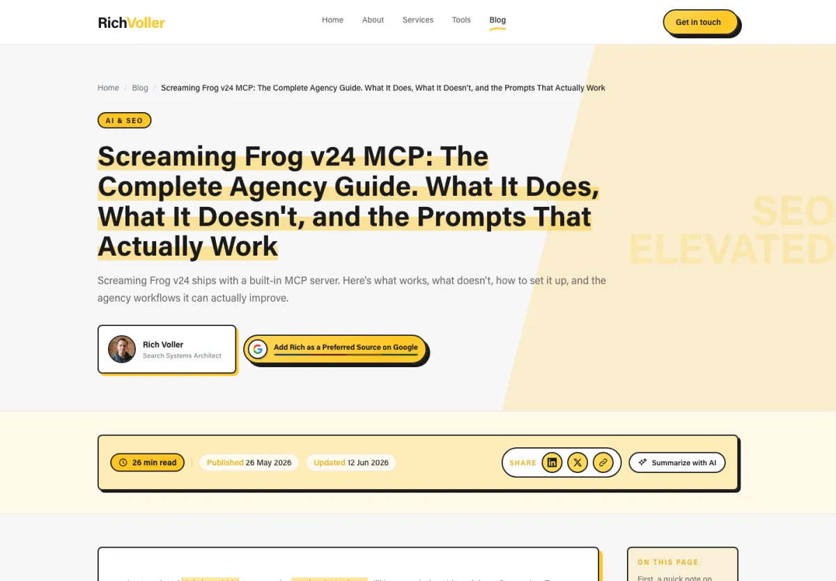 Guide de Rich Voller sur le MCP Screaming Frog pour les agences, publié le 26 mai 2026 et mis à jour le 12 juin 2026