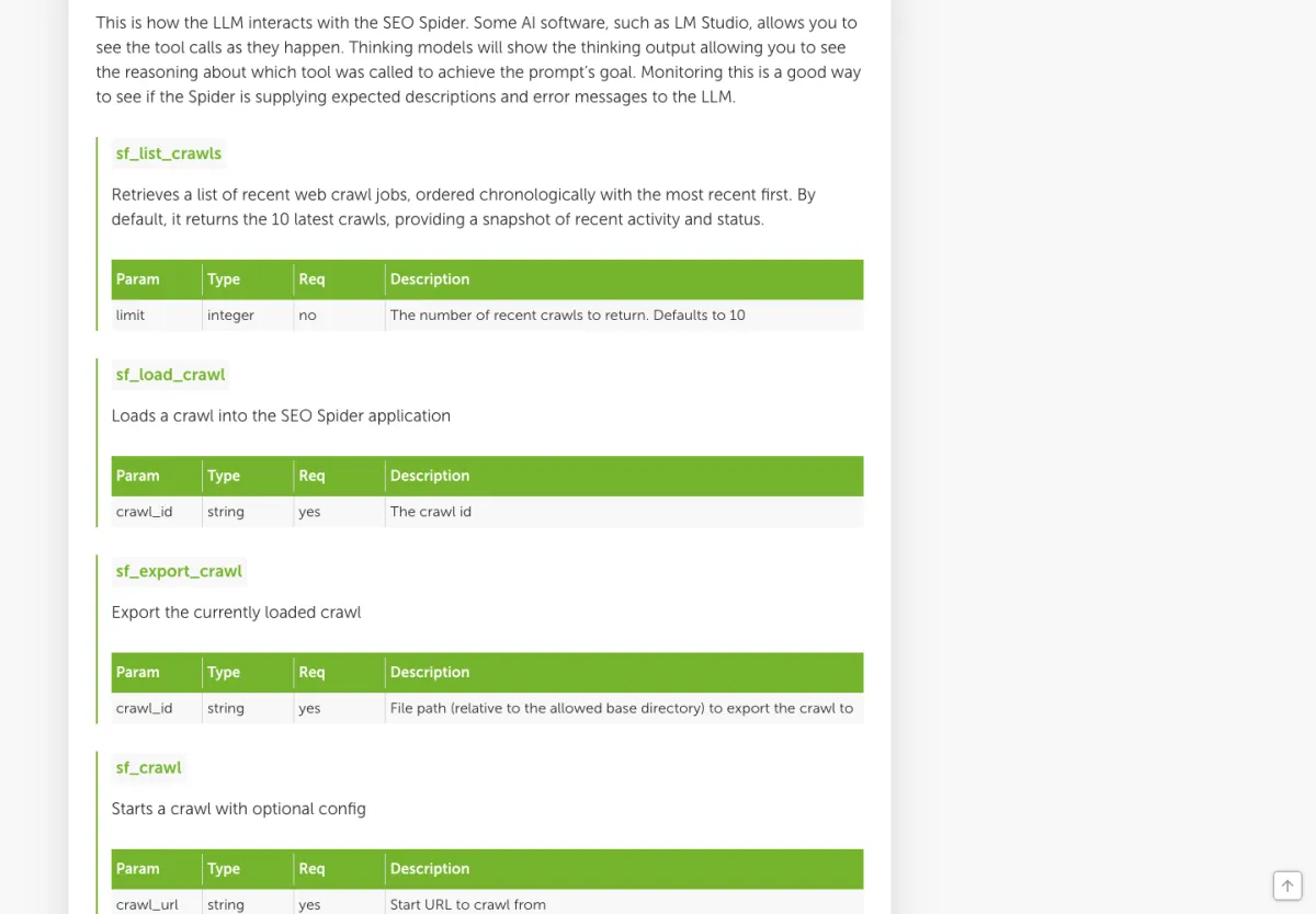 Guide officiel du MCP Screaming Frog avec la liste des outils et leurs paramètres