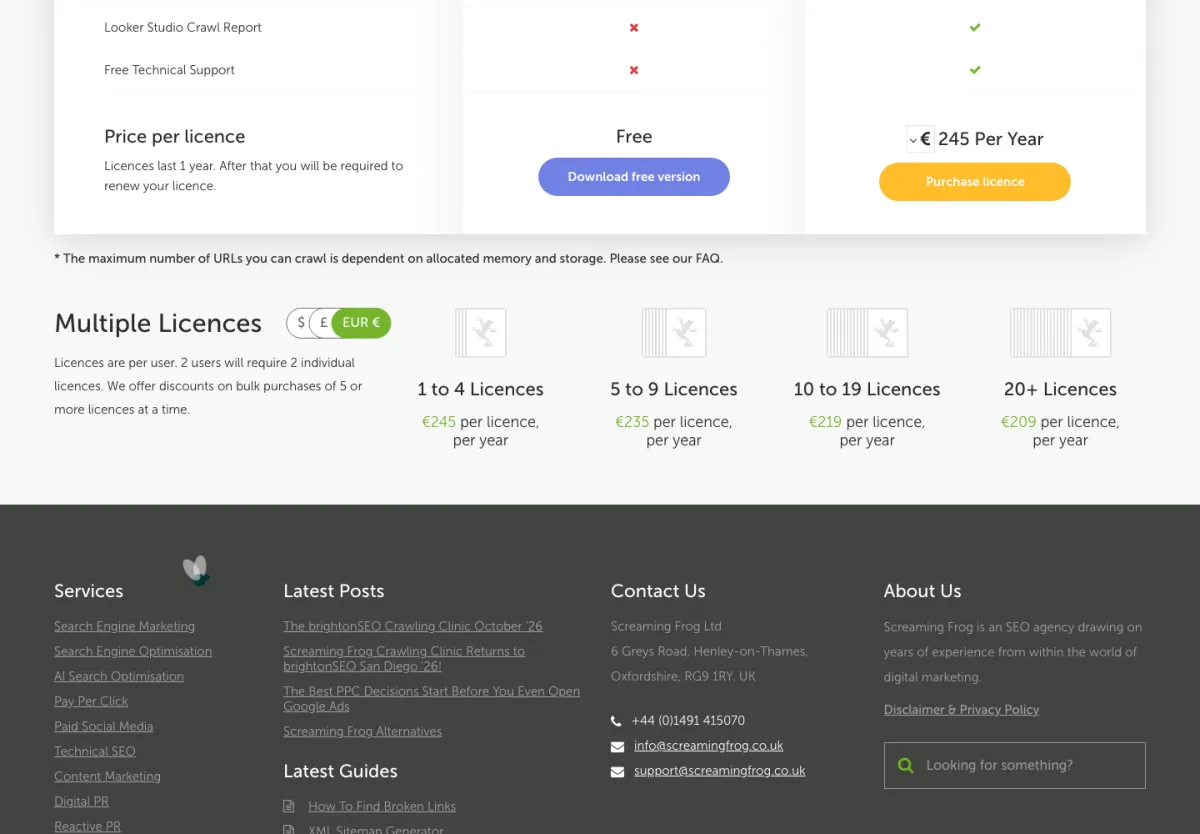 Page tarifs Screaming Frog en euros avec la licence à 245 euros par an et les remises par volume