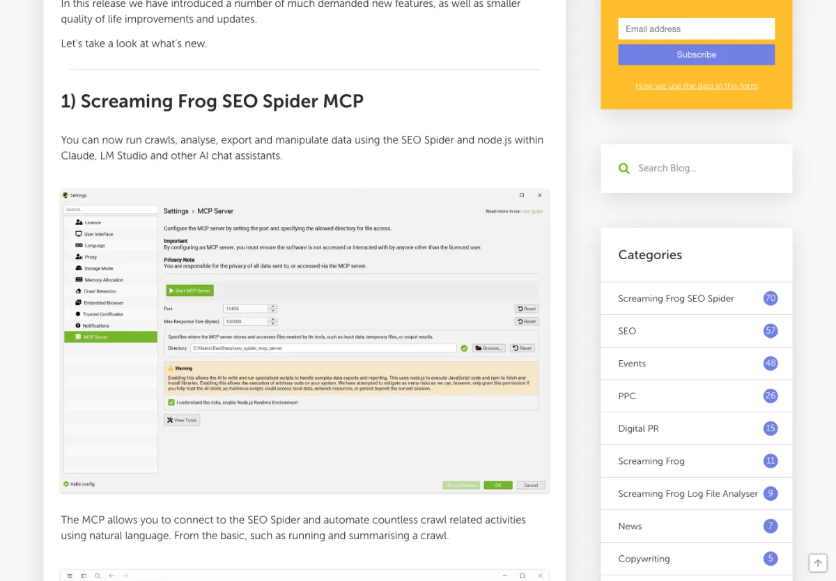 Annonce du SEO Spider 24.0 de Screaming Frog avec la section consacrée au serveur MCP