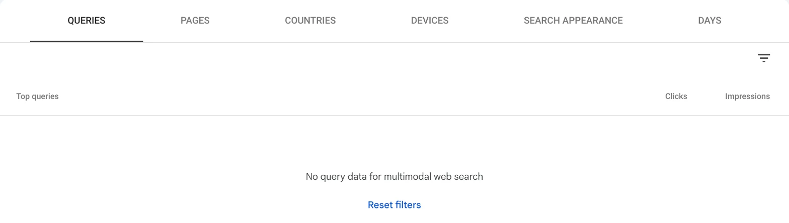 Onglet Requêtes du rapport Performances Search Console filtré sur Multimodal : aucune donnée de requête disponible