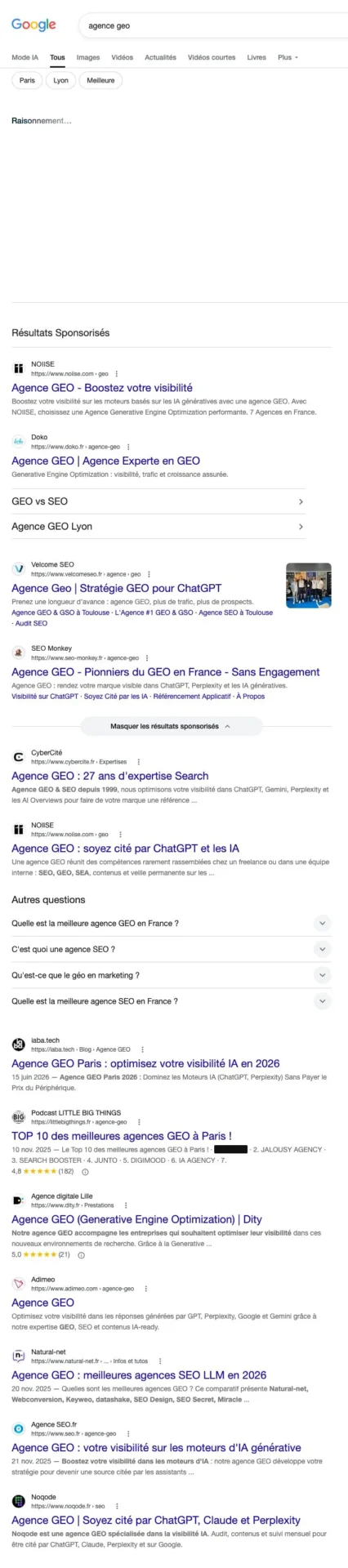 SERP Google.fr « agence geo », page 1, 20 octobre 2026 : CyberCité 1re, Noiise 2e, iaba.tech 3e