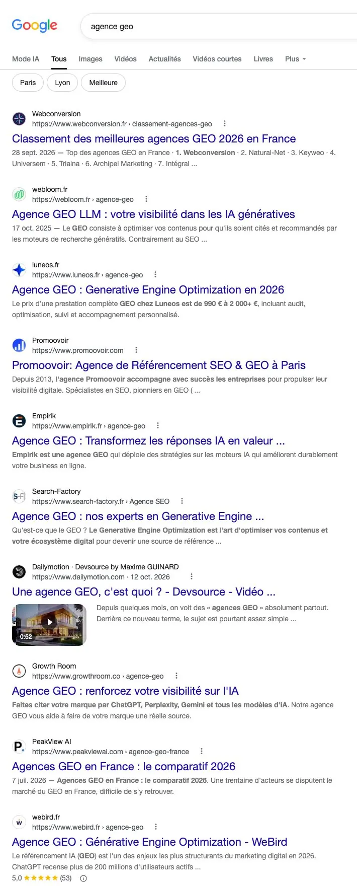 SERP Google.fr « agence geo », page 3, 20 octobre 2026 : Webconversion 21e avec son propre classement