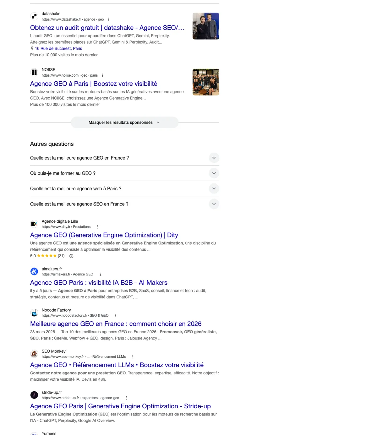 Suite de la page 1 Google « agence geo paris » du 21 octobre 2026 : annonces Datashake et Noiise, puis AI Makers, SEO Monkey et Stride-up