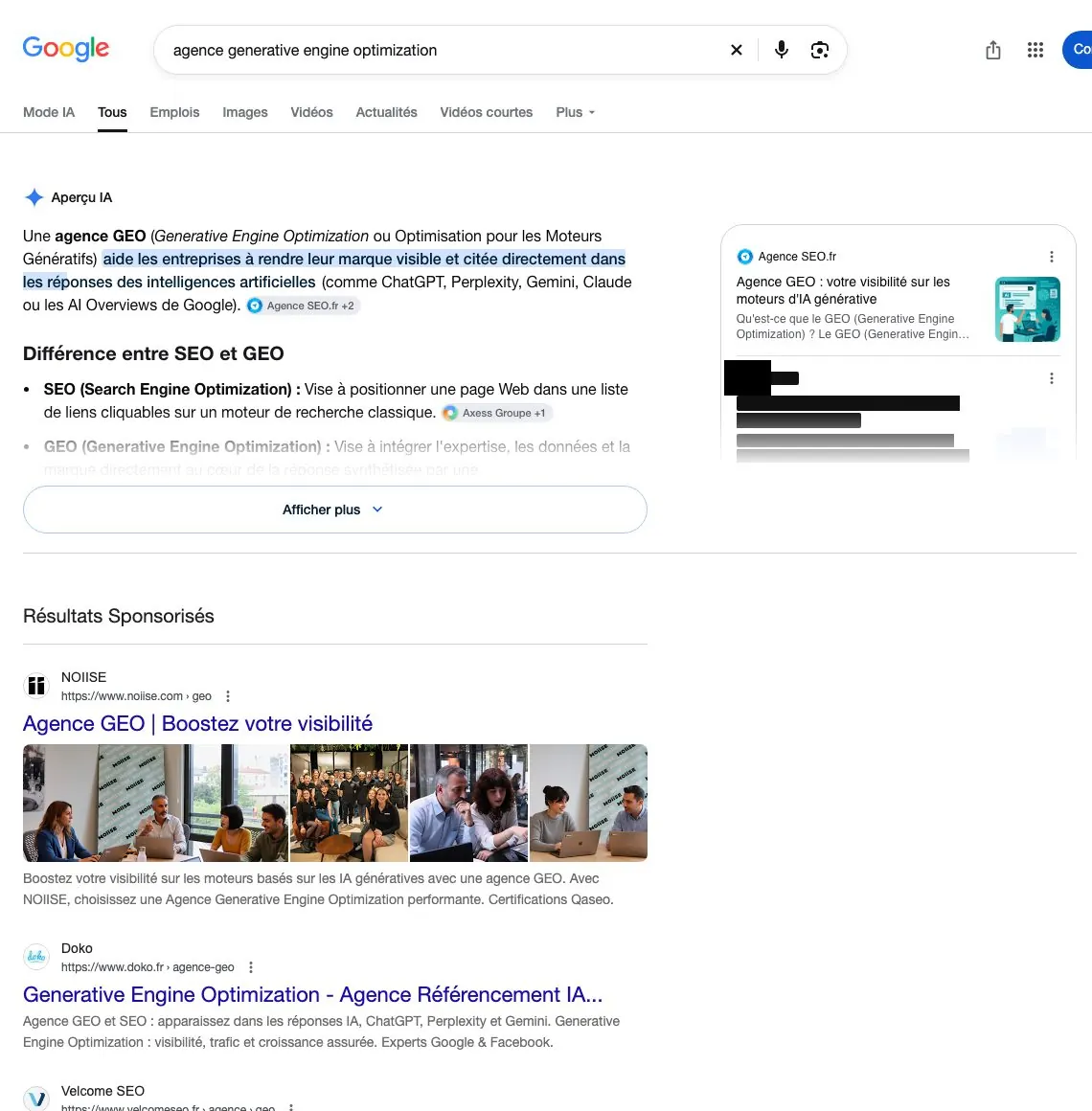 AI Overview Google sur « agence generative engine optimization », 20 octobre 2026, sources SEO.fr et Axess