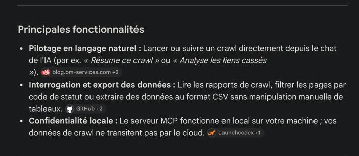 Aperçu IA de Google.fr qui affirme que les données de crawl du MCP Screaming Frog ne transitent pas par le cloud