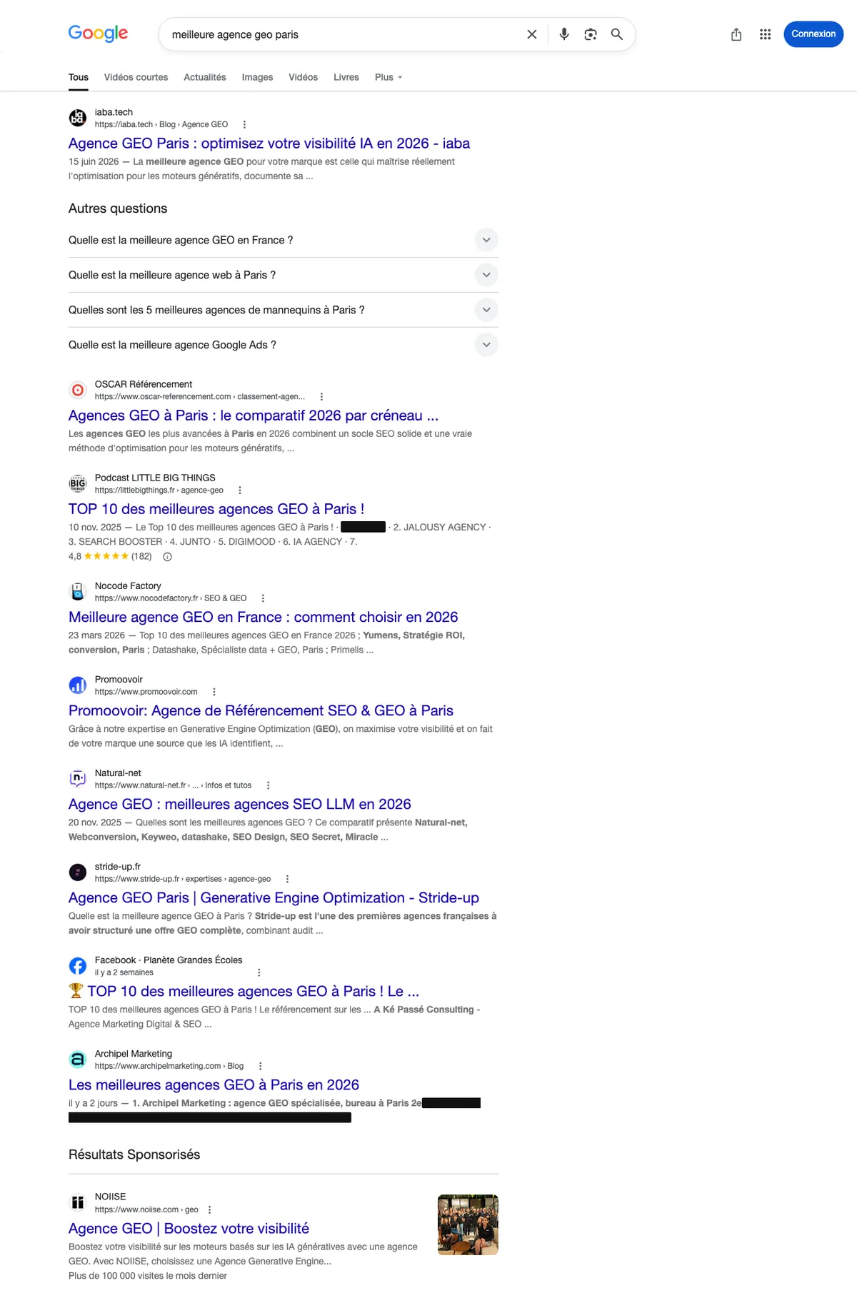 SERP Google.fr « meilleure agence geo paris », 21 octobre 2026 : classements publiés par Oscar Référencement et Archipel