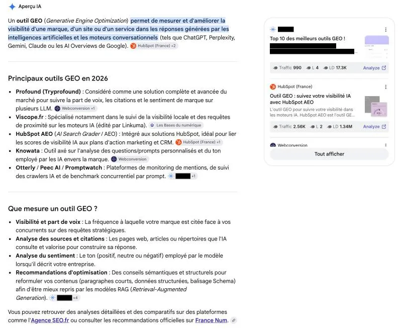 Aperçu IA de Google sur la requête outil geo avec les principaux outils GEO 2026 et le bloc Que mesure un outil GEO