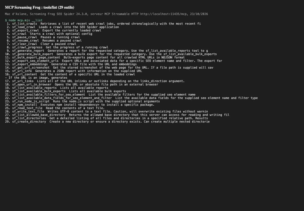 Liste des 29 outils renvoyés par le serveur MCP de Screaming Frog SEO Spider 24.3