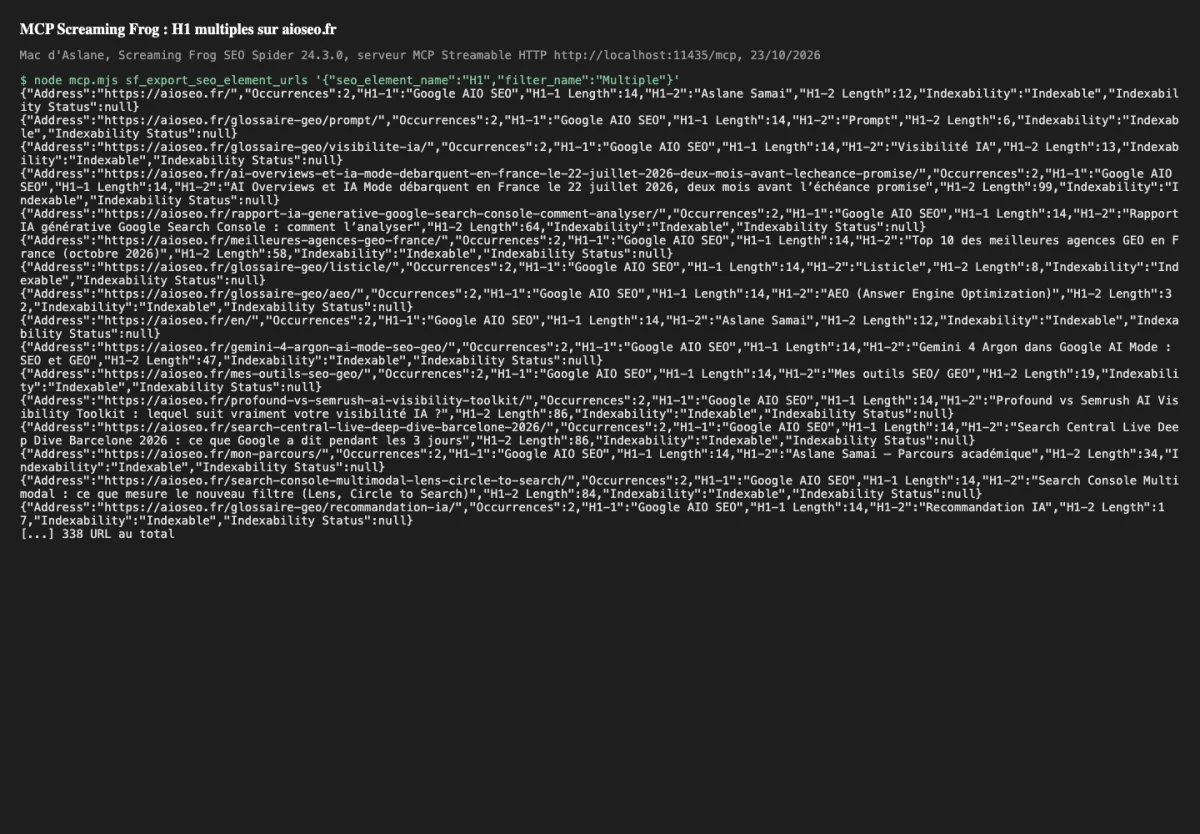 Export des pages d'aioseo.fr avec deux balises H1 via le MCP Screaming Frog