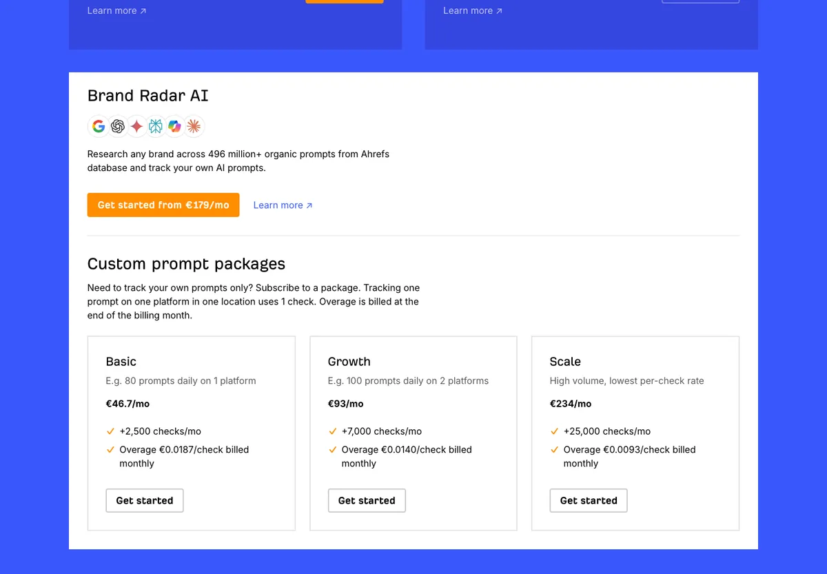 Page tarifs Ahrefs avec Brand Radar AI dès 179 euros par mois et les packs de prompts personnalisés