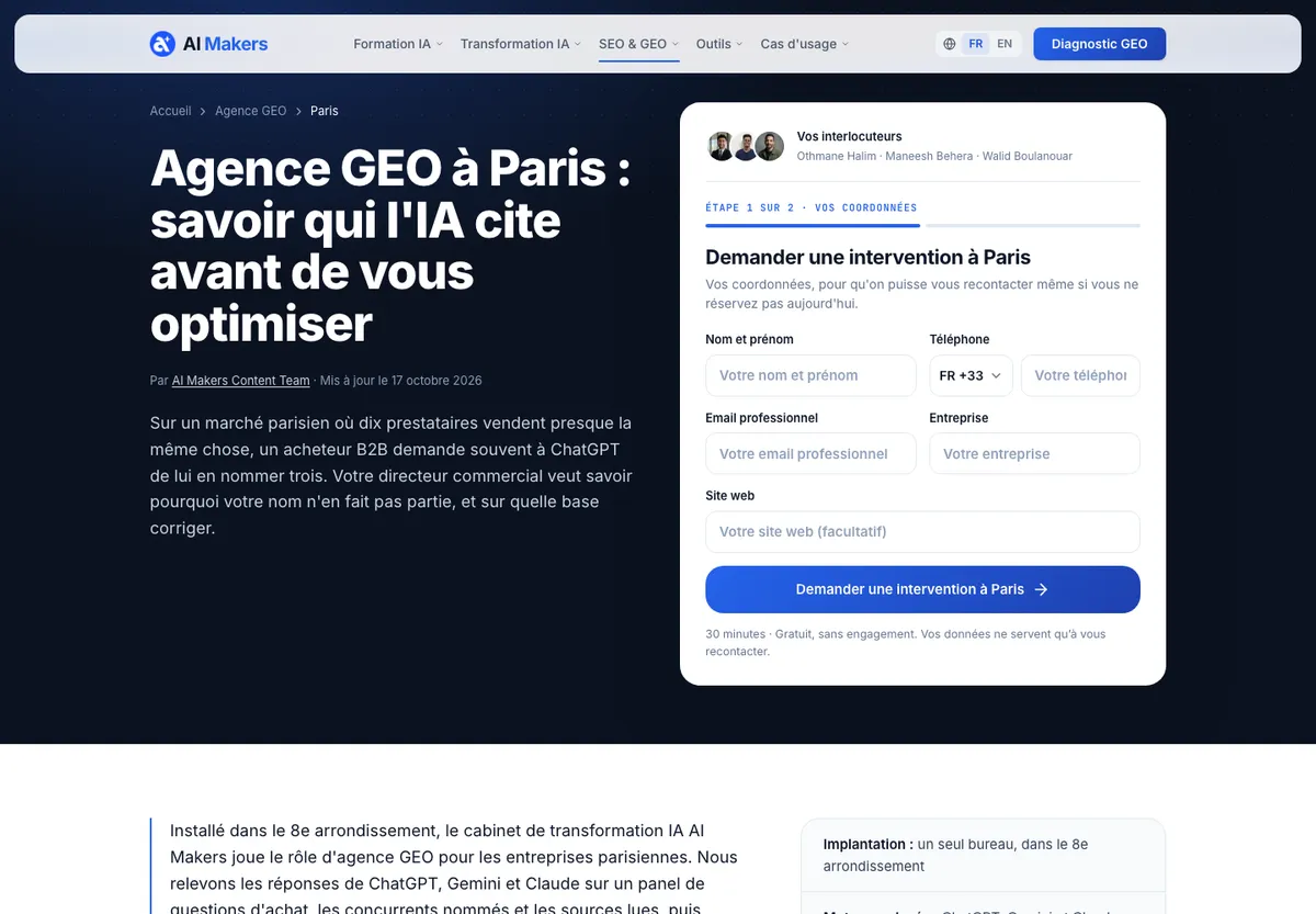 Page agence GEO Paris d'AI Makers, 21 octobre 2026